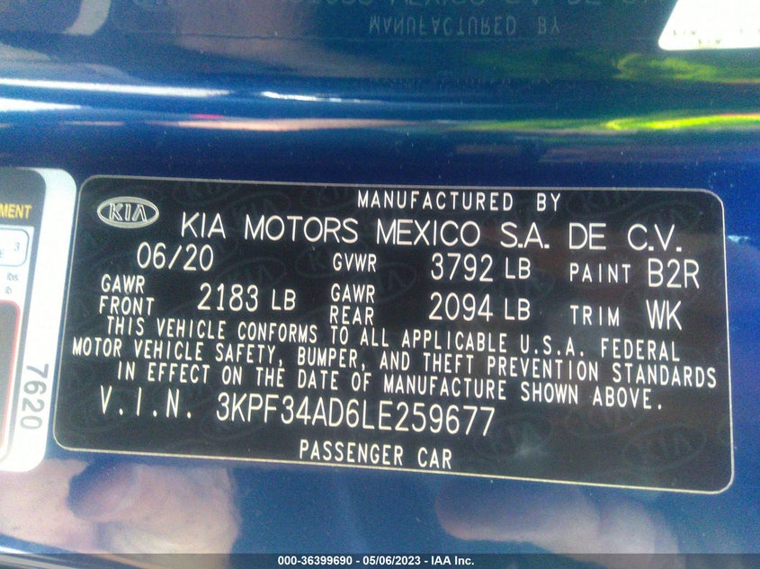 VIN 3KPF34AD6LE259677 2020 KIA FORTE GT-LINE