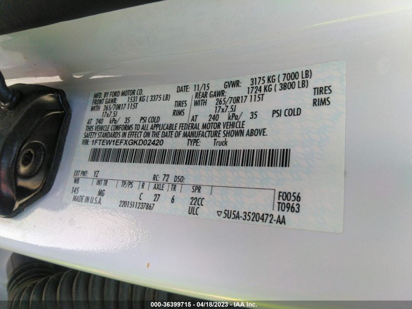 2016 FORD F-150 XLT/XL/LARIAT/PLATINUM - 1FTEW1EFXGKD02420