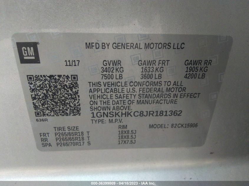 2018 CHEVROLET SUBURBAN LT - 1GNSKHKC8JR181362