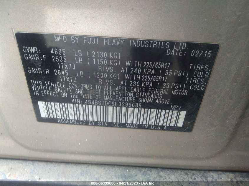 2015 SUBARU OUTBACK 2.5I PREMIUM - 4S4BSBDC9F3296089
