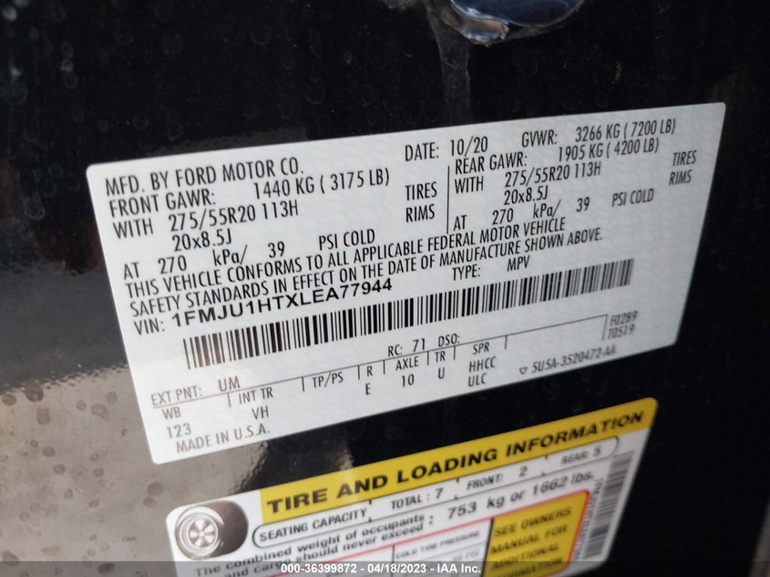VIN 1FMJU1HTXLEA77944 2020 FORD EXPEDITION XLT