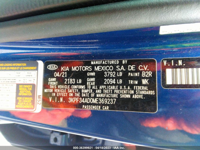 2021 KIA FORTE GT-LINE - 3KPF34AD0ME369237