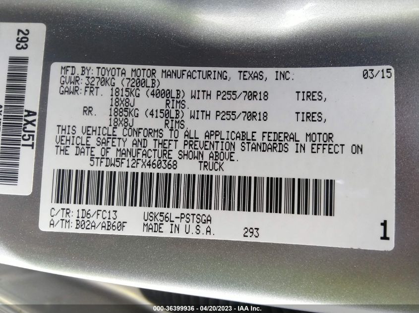 2015 TOYOTA TUNDRA 4WD TRUCK SR5/TRD PRO - 5TFDW5F12FX460368