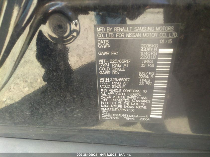 2015 NISSAN ROGUE SV - KNMAT2MT4FP533156