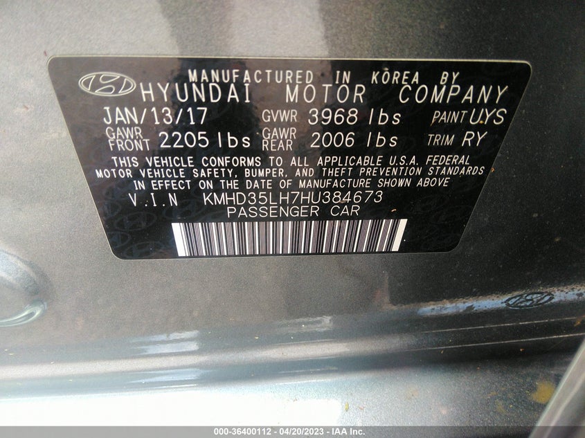 VIN KMHD35LH7HU384673 2017 HYUNDAI ELANTRA GT