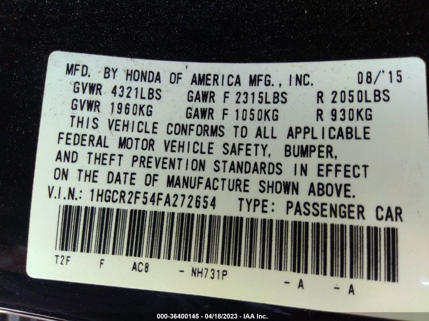 2015 HONDA ACCORD SEDAN SPORT - 1HGCR2F54FA272654
