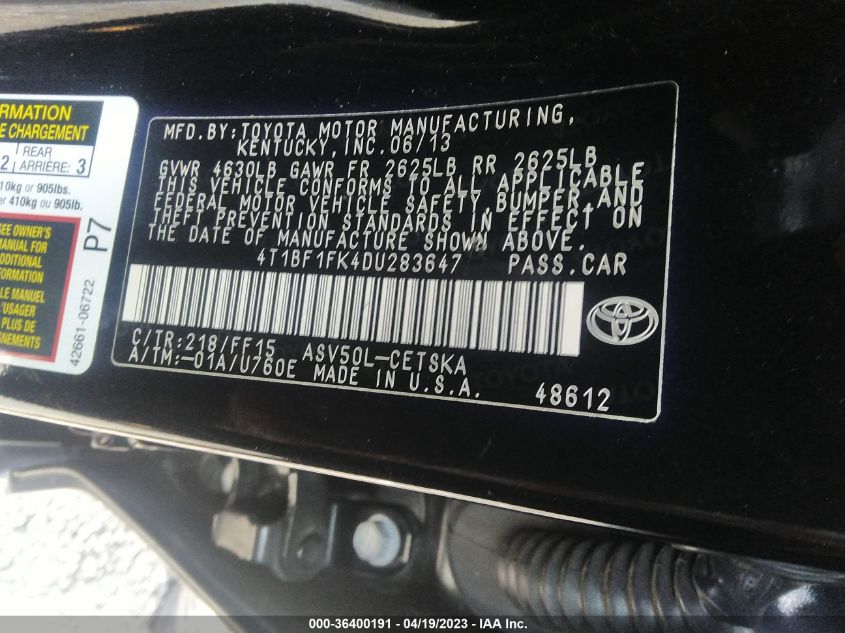 2013 TOYOTA CAMRY L/LE/SE/XLE - 4T1BF1FK4DU283647