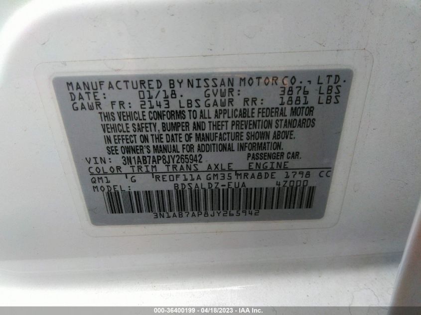 2018 NISSAN SENTRA SV - 3N1AB7AP8JY265942