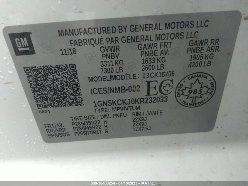 2019 CHEVROLET TAHOE PREMIER - 1GNSKCKJ0KR232033