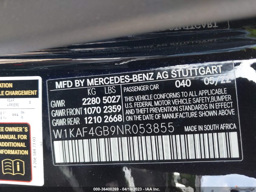 2022 MERCEDES-BENZ C-CLASS C 300 - W1KAF4GB9NR053855
