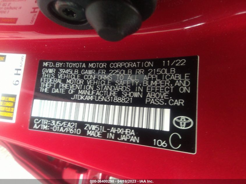 2022 TOYOTA PRIUS L - JTDKAMFU5N3188821