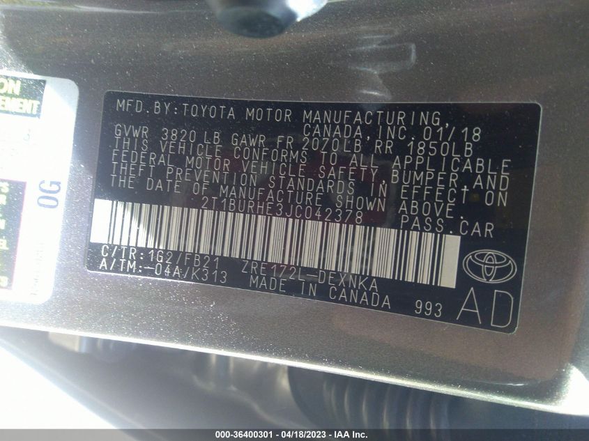 2018 TOYOTA COROLLA LE - 2T1BURHE3JC042378