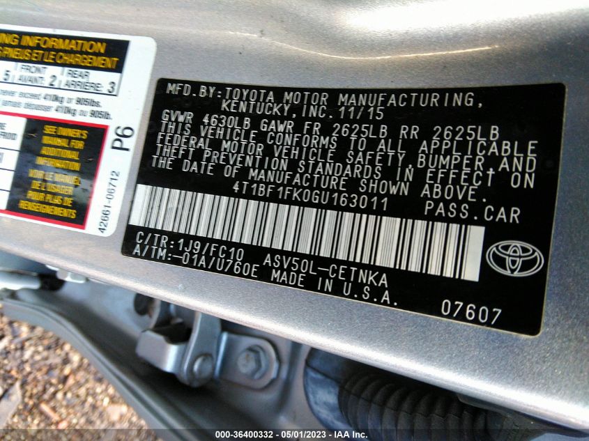 2016 TOYOTA CAMRY XLE/SE/LE/XSE - 4T1BF1FK0GU163011