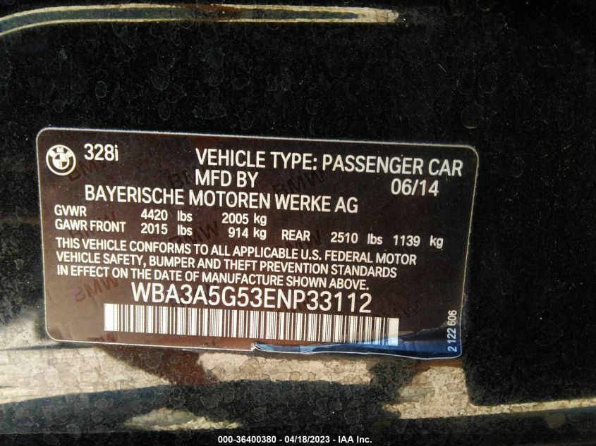 2014 BMW 3 SERIES 328I - WBA3A5G53ENP33112