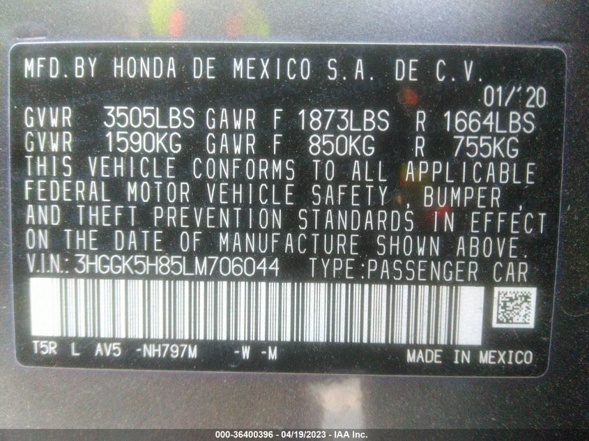 2020 HONDA FIT EX - 3HGGK5H85LM706044