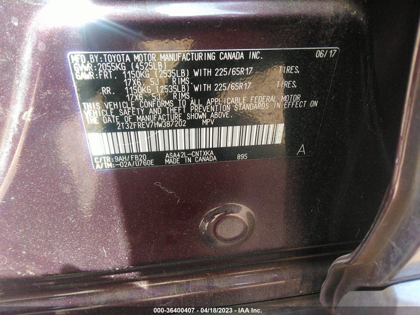 VIN 2T3ZFREV7HW387202 2017 TOYOTA RAV4 LE