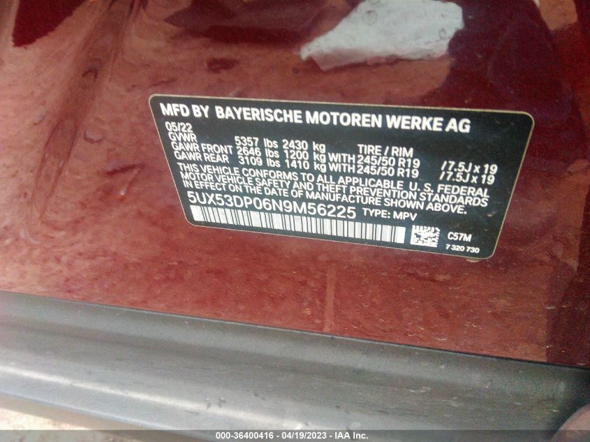 2022 BMW X3 XDRIVE30I - 5UX53DP06N9M56225