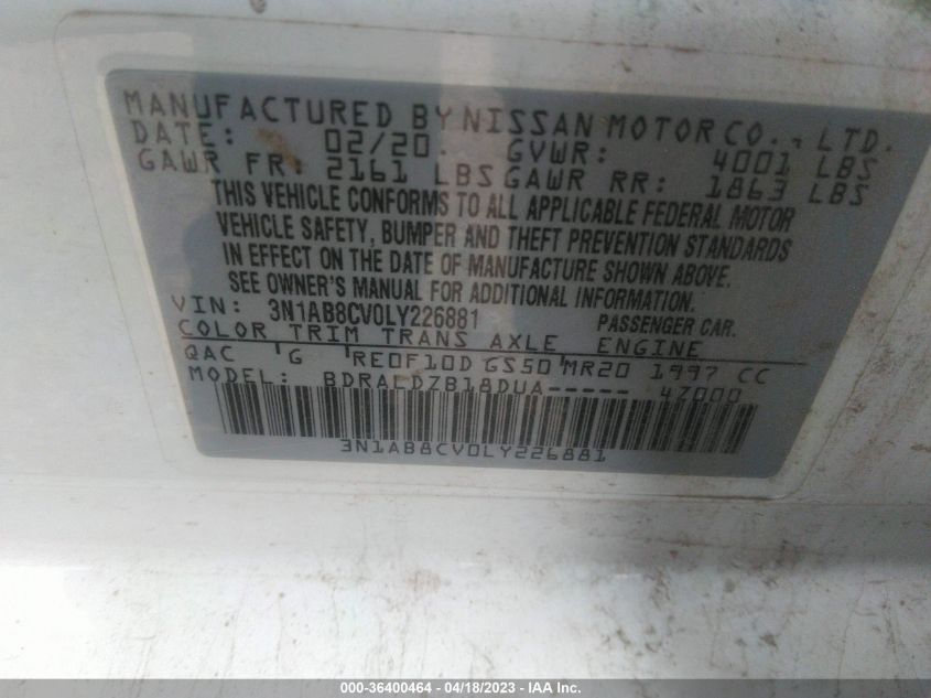 2020 NISSAN SENTRA SV - 3N1AB8CV0LY226881