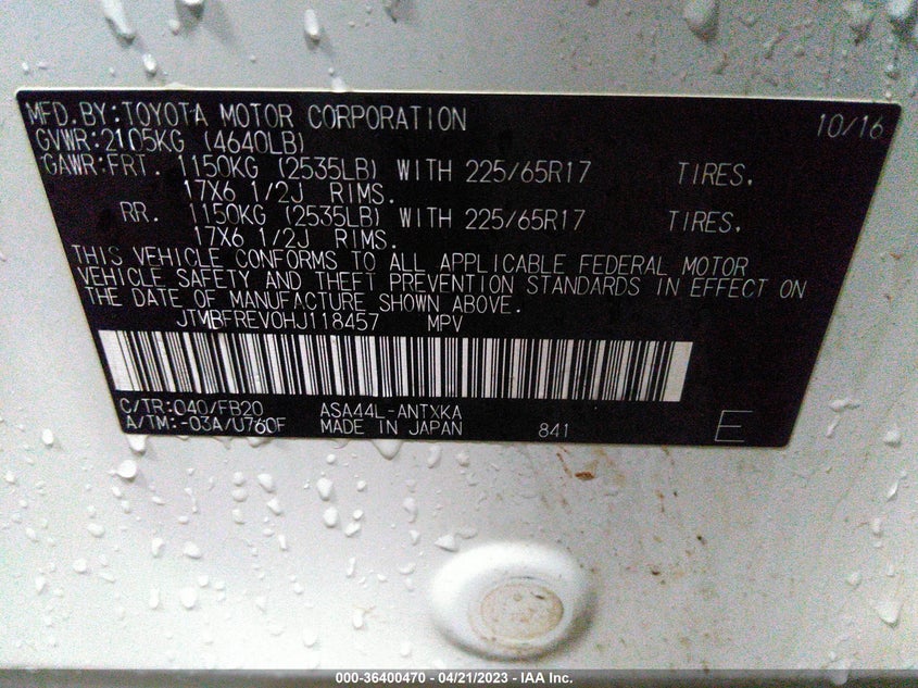 VIN JTMBFREV0HJ118457 2017 TOYOTA RAV4 LE