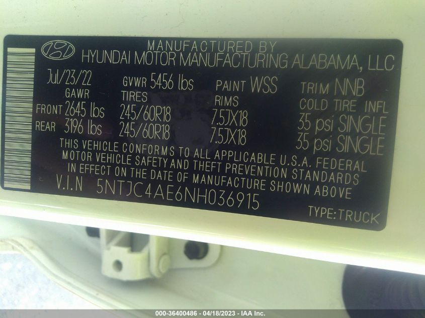 2022 HYUNDAI SANTA CRUZ SEL - 5NTJC4AE6NH036915