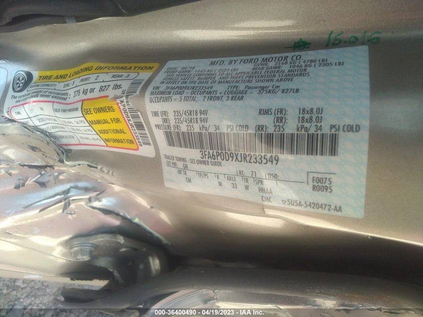 VIN 3FA6P0D9XJR233549 2018 FORD FUSION TITANIUM/PLATINUM