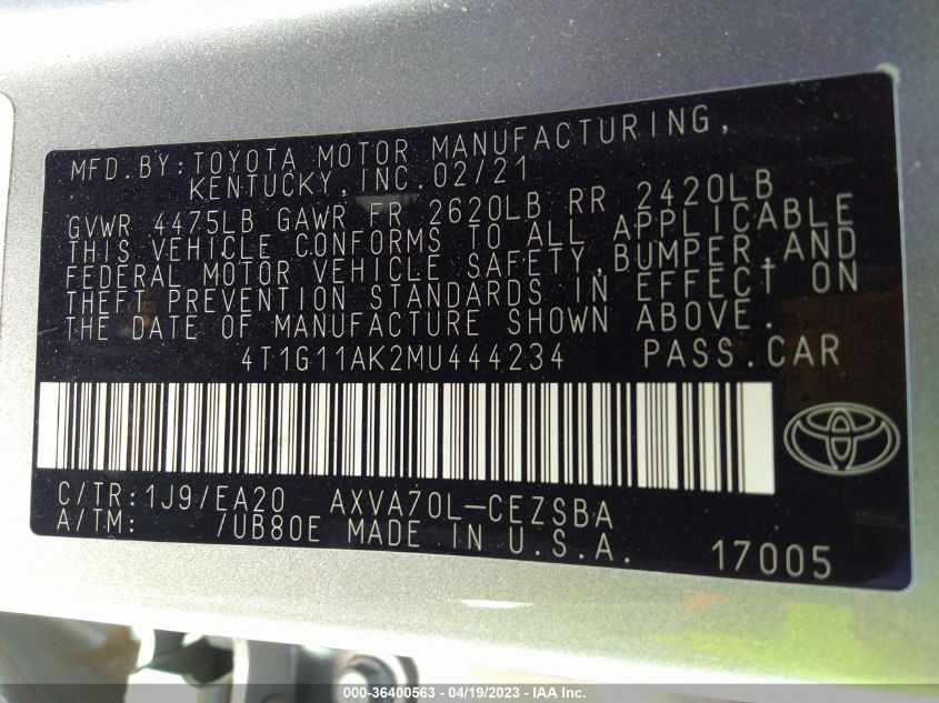 2021 TOYOTA CAMRY SE - 4T1G11AK2MU444234