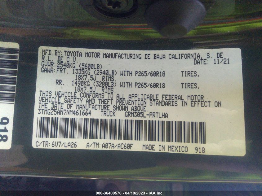 2022 TOYOTA TACOMA 4WD LIMITED - 3TMGZ5AN7NM461664