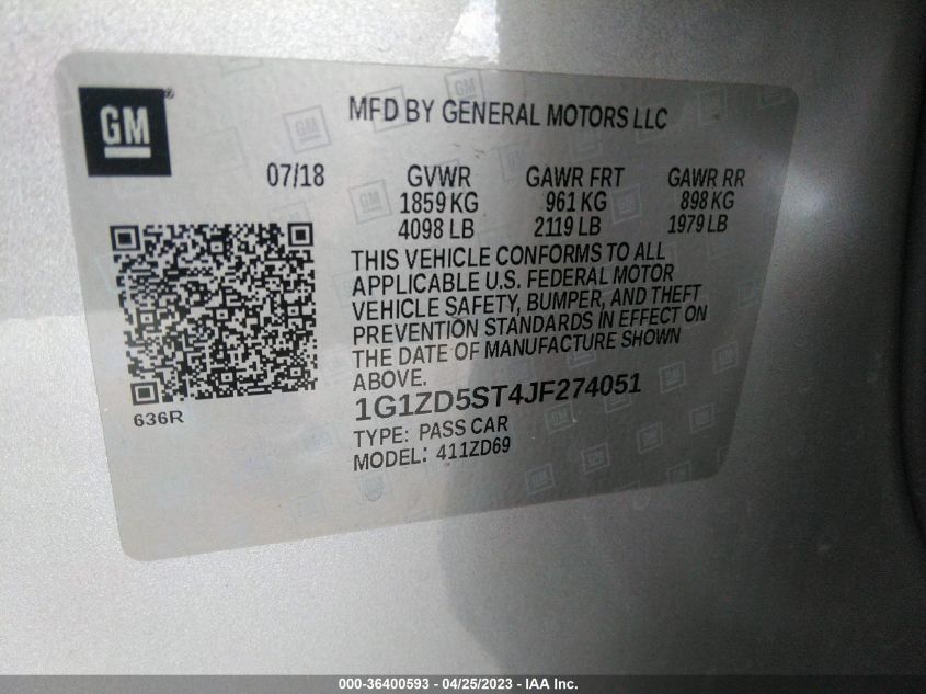 2018 CHEVROLET MALIBU LT - 1G1ZD5ST4JF274051