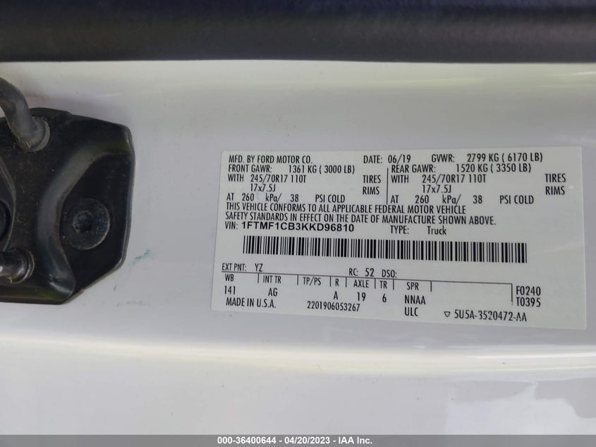 VIN 1FTMF1CB3KKD96810 2019 FORD F-150 XL/XLT
