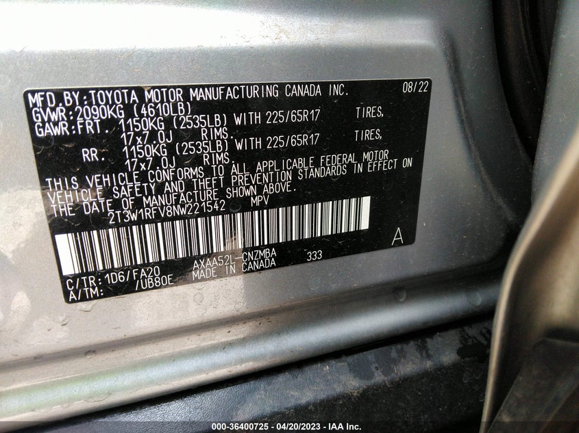 VIN 2T3W1RFV8NW221542 2022 TOYOTA RAV4 XLE