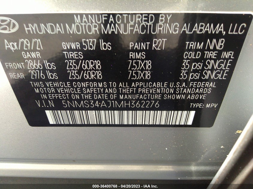 VIN 5NMS34AJ1MH362276 2021 HYUNDAI SANTA FE SEL