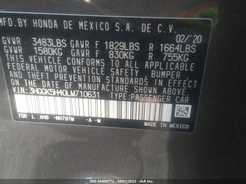 VIN 3HGGK5H40LM710631 2020 HONDA FIT LX