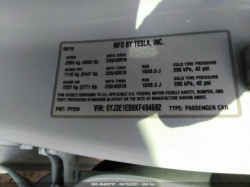 2019 TESLA MODEL 3 LONG RANGE/PERFORMANCE - 5YJ3E1EB8KF494692