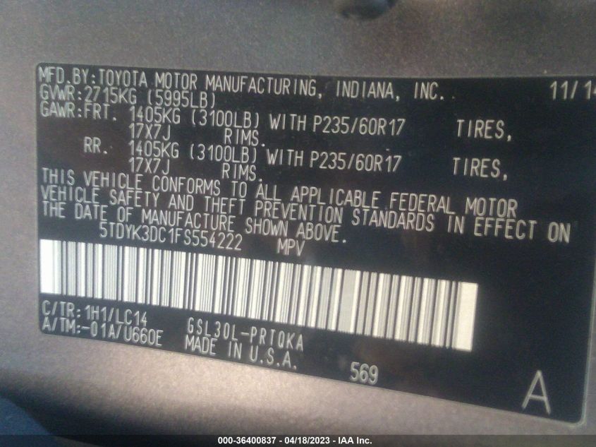 2015 TOYOTA SIENNA XLE/XLE AAS/LTD - 5TDYK3DC1FS554222