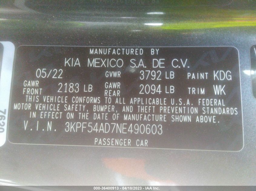 2022 KIA FORTE GT-LINE - 3KPF54AD7NE490603
