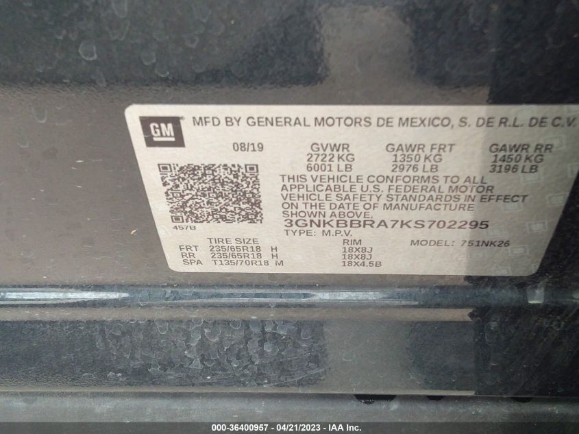 2019 CHEVROLET BLAZER - 3GNKBBRA7KS702295