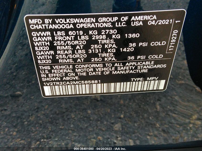 2021 VOLKSWAGEN ATLAS 3.6L V6 SEL PREMIUM - 1V2TR2CA2MC585881
