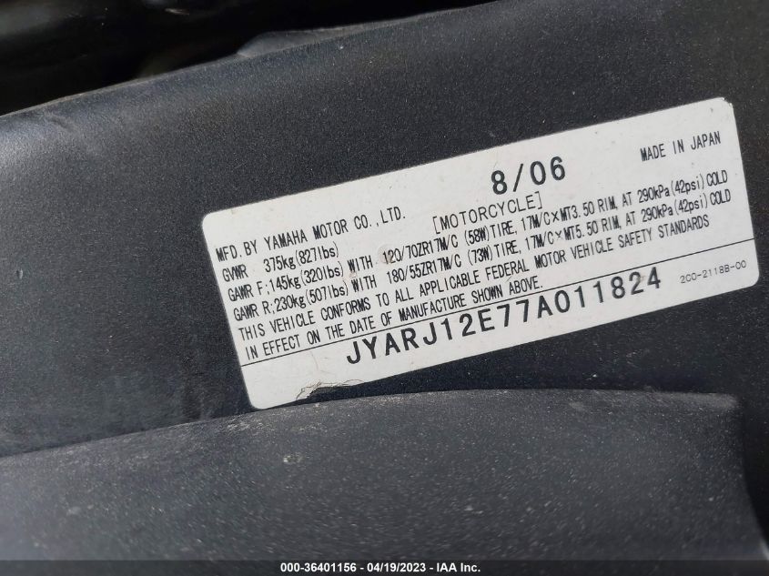2007 YAMAHA YZFR6 L JYARJ12E77A011824