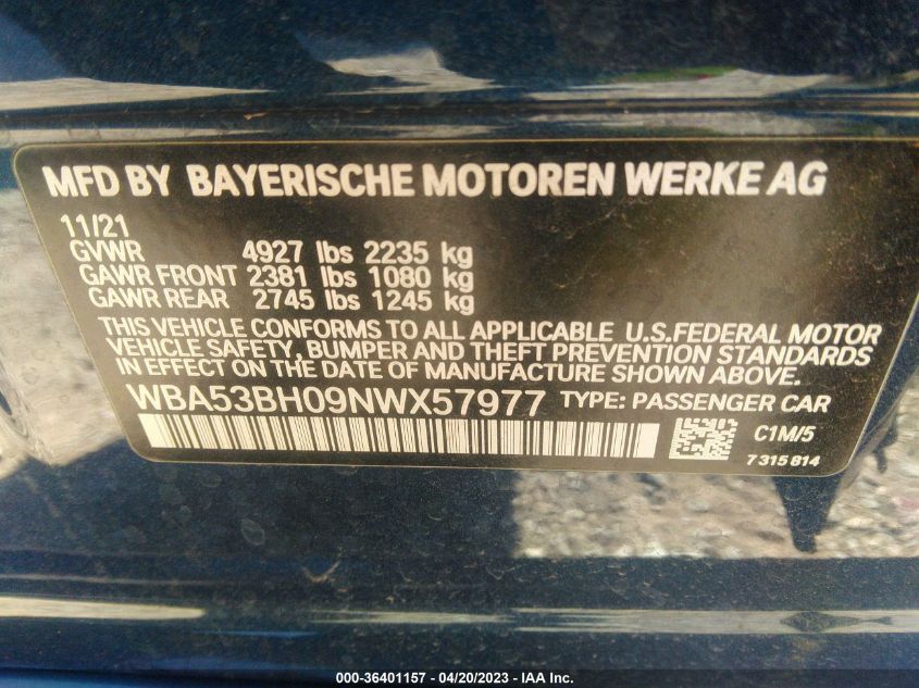 2022 BMW 5 SERIES 530I - WBA53BH09NWX57977