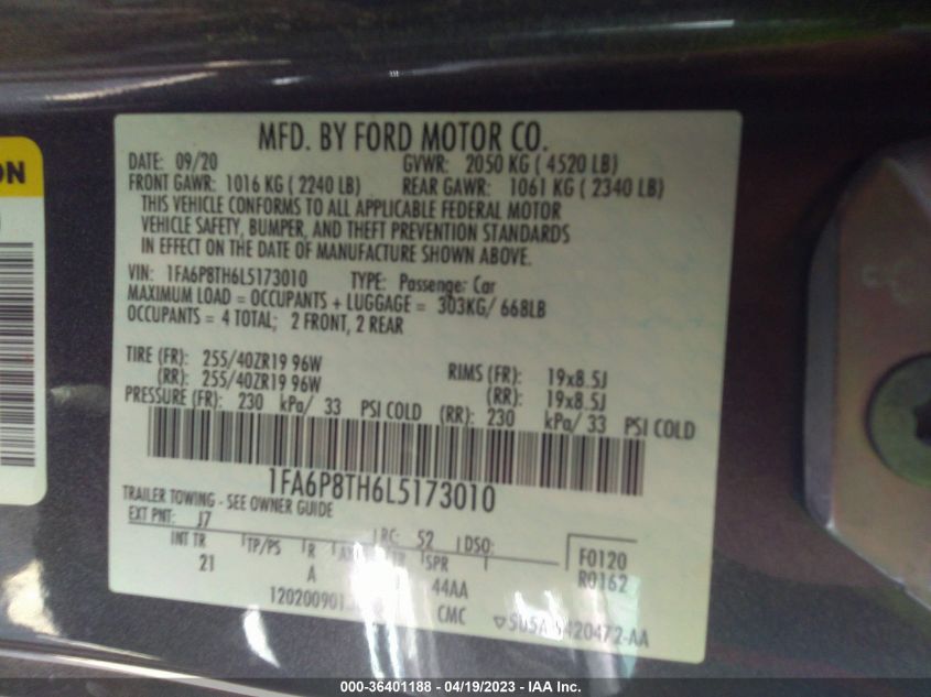 2020 FORD MUSTANG ECOBOOST - 1FA6P8TH6L5173010