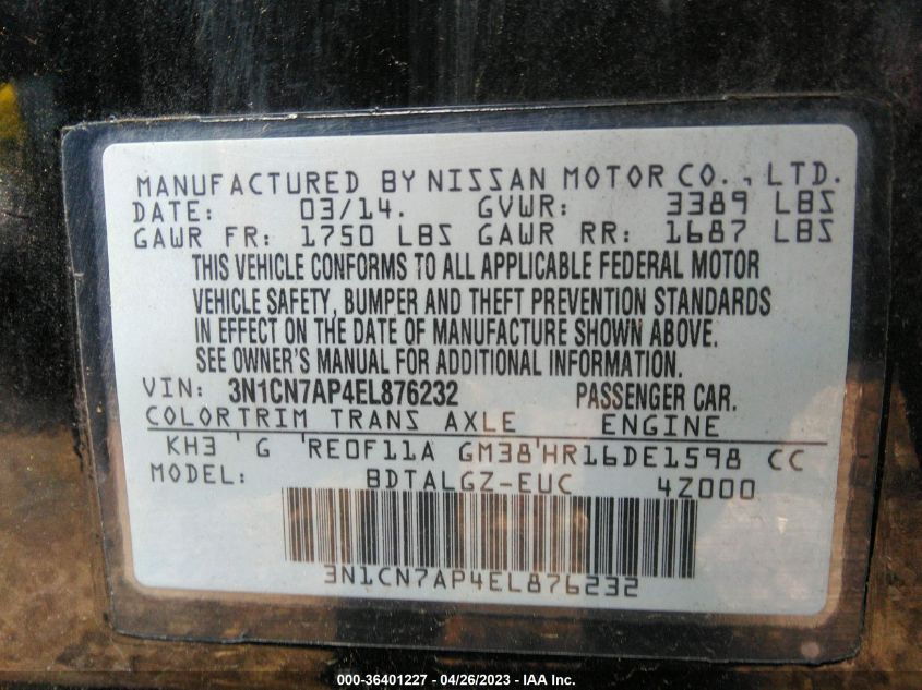 2014 NISSAN VERSA SL - 3N1CN7AP4EL876232
