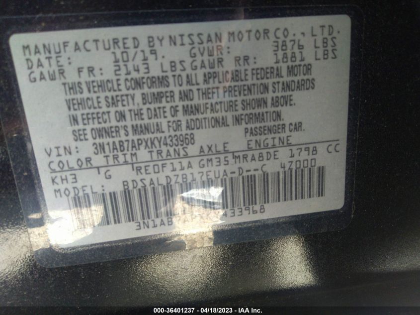 2019 NISSAN SENTRA SV - 3N1AB7APXKY433968
