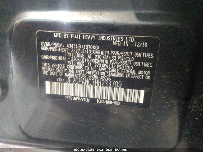 VIN JF2GPANC3HH233789 2017 SUBARU CROSSTREK LIMITED