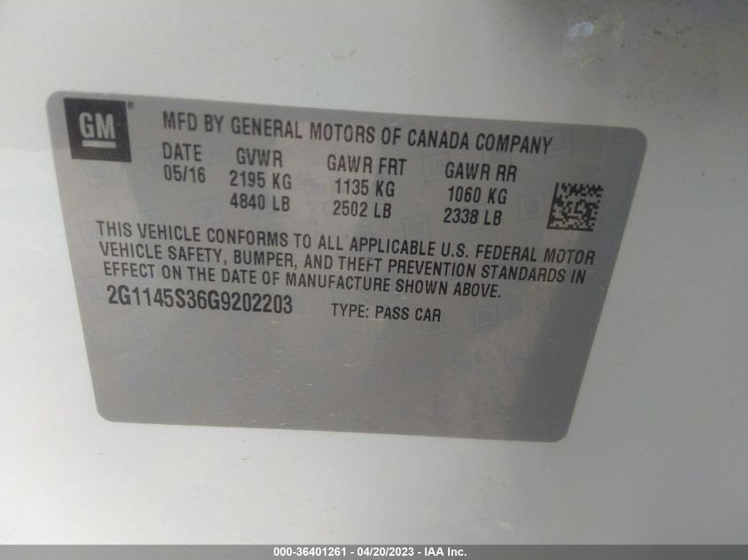 2016 CHEVROLET IMPALA LTZ - 2G1145S36G9202203