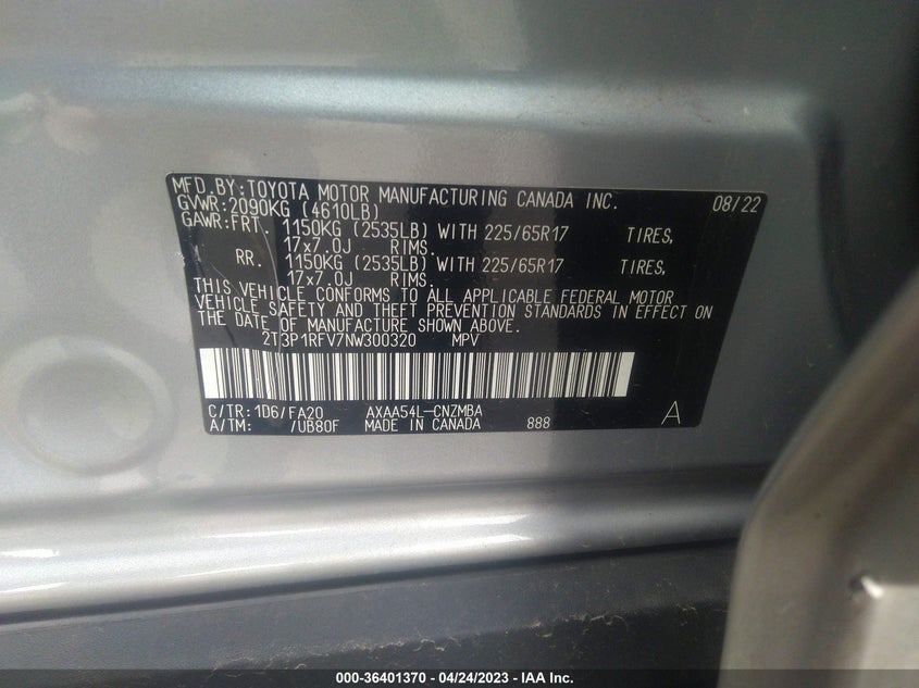 VIN 2T3P1RFV7NW300320 2022 TOYOTA RAV4 XLE