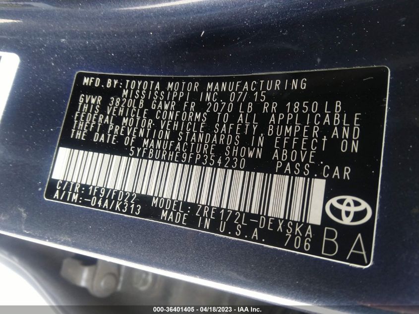 2015 TOYOTA COROLLA L/LE/S/S PLUS/LE PLUS - 5YFBURHE9FP354230