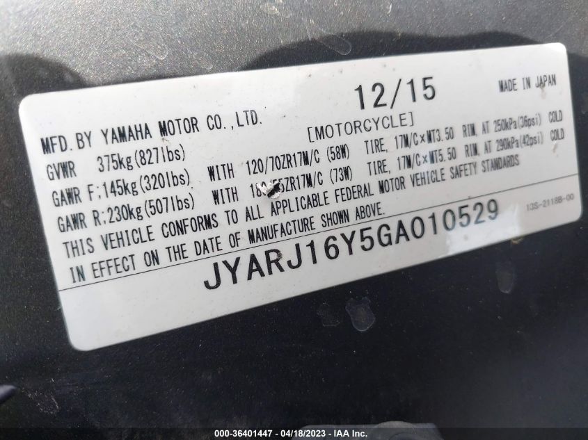 2016 YAMAHA YZFR6 C JYARJ16Y5GA010529