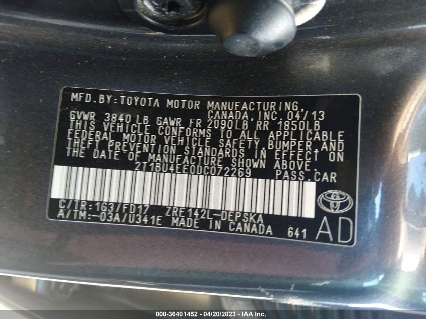 2013 TOYOTA COROLLA L/LE/S - 2T1BU4EE0DC072269