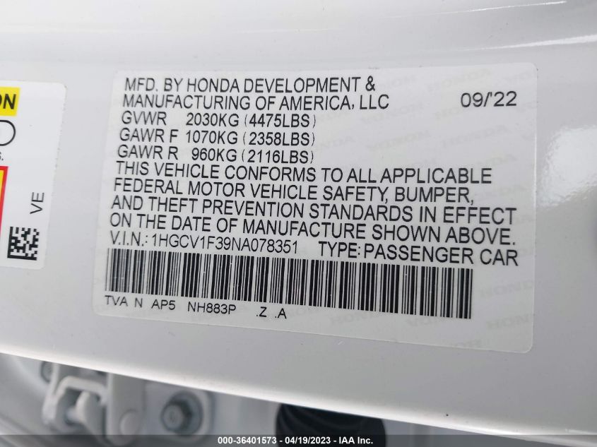 2022 HONDA ACCORD SEDAN SPORT - 1HGCV1F39NA078351