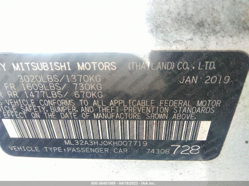 2019 MITSUBISHI MIRAGE ES/RF - ML32A3HJ0KH007719